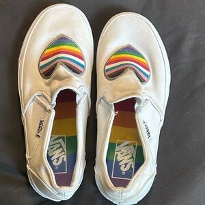 Vans White Slip-On with Rainbow Heart Design